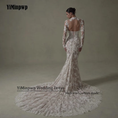 Ivory Lace Mermaid Wedding Dresses for Bride Removable High Neck Long Sleeve Backless Garden Beach Bridal Gown Customized