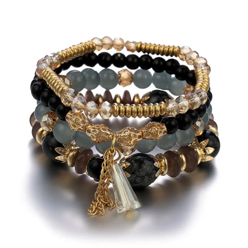 4Pcs Bohemian Women Pink Tassel Bracelet Set For Female I Love You Feather Round Charm Beads Chain Bangle Fashion Party Jewelry