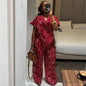 Women Two Pieces Pant Sets Solid Matching Set Pullover V Neck Printing Top High Waist Lace Up Pants Loose Fit Casual 2025 Summer
