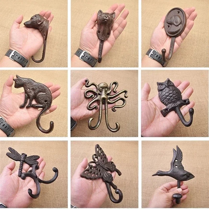 Animal Shape Ironwork Metal Hooks Clothes Hat Key Retro Style Originality Wall Hooks Villa Courtyard Wall Mounted Decorate home