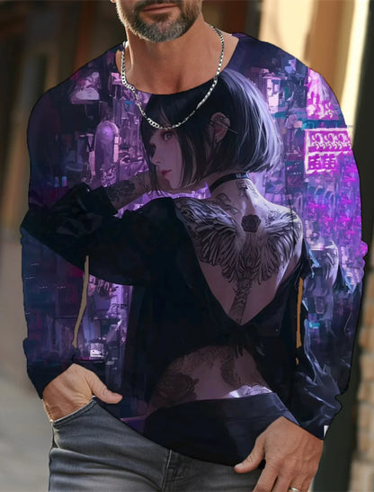 2024 new men's long-sleeved T-shirt 3D printing HD anime tattoo beauty printing men's autumn tops casual round neck home clothes