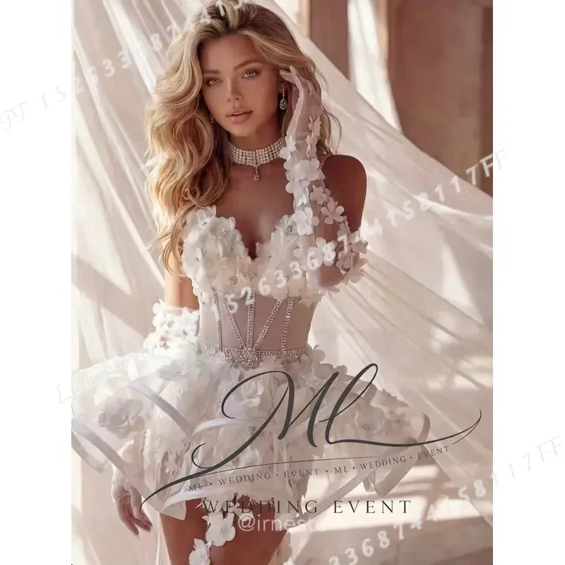 for ML Charming 3D Floral Wedding Dress Sweetheart Illusion Detachable Train Mini Ball Gown Bride Dresses Customized Robe De