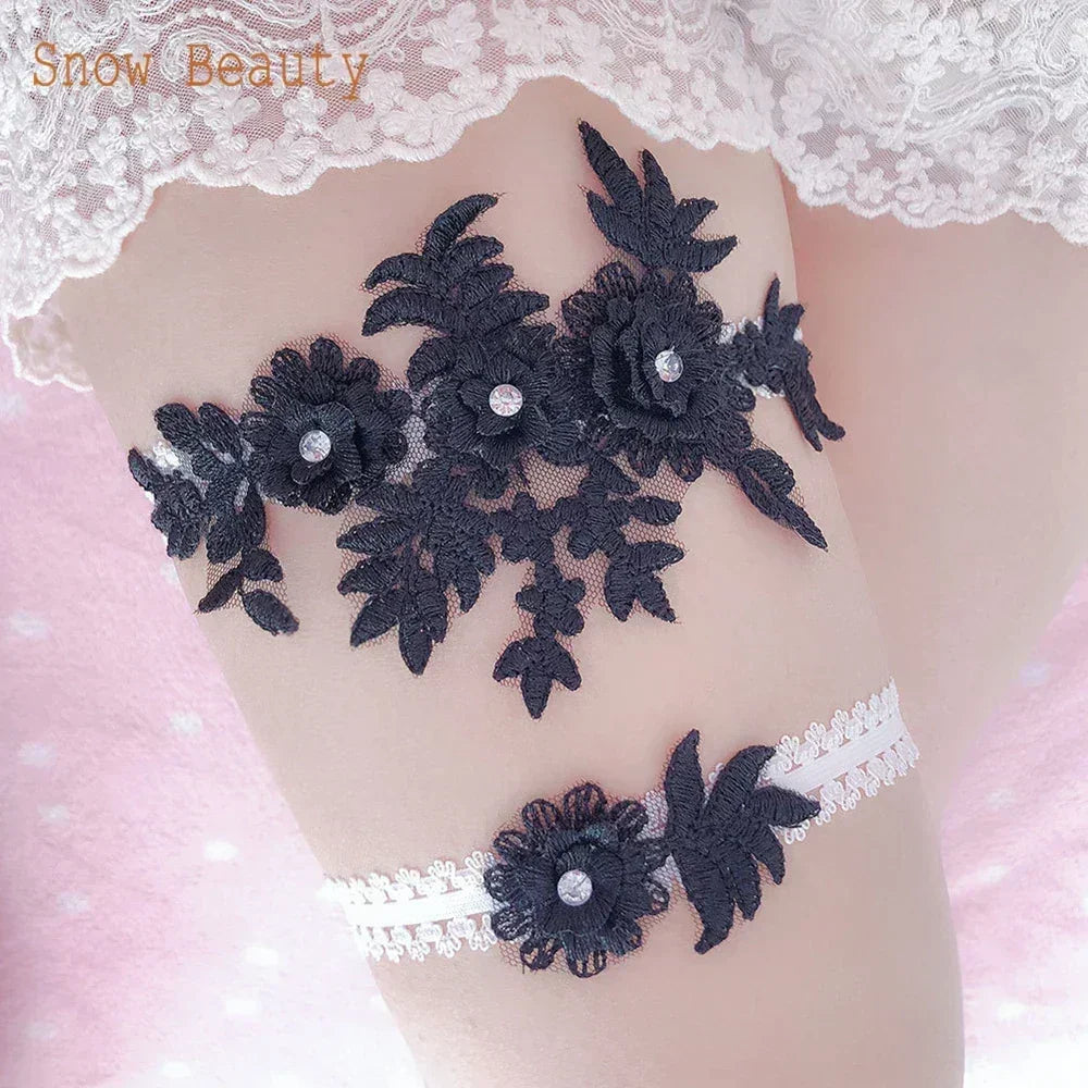 K03 2 PCS Sexy Lace Flower Crystal  Pearls Wedding Garter Belt Thigh Ring Bridal Leg Garter Stocking Garter Belt Girl Women