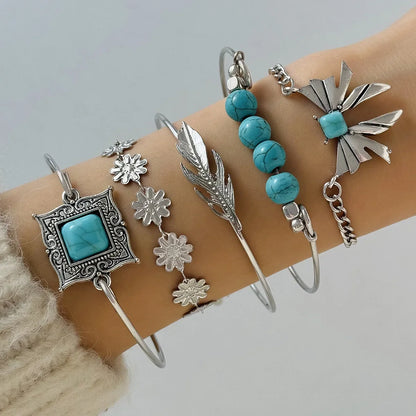 KMVEXO 5Pcs/Set Vintage Bohemian Turquoise Inlaid Bracelets Women Ethnic Style Flower Feather Cuff Bracelet Bangles Boho Jewelry