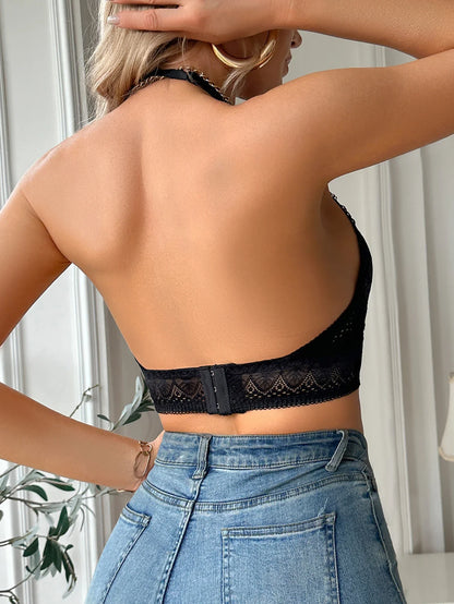 Sexy Women's Unlined Bra Fashion Lace Halter Wireless Push up bra Hollow Out & Breathable Backless Women's underwear