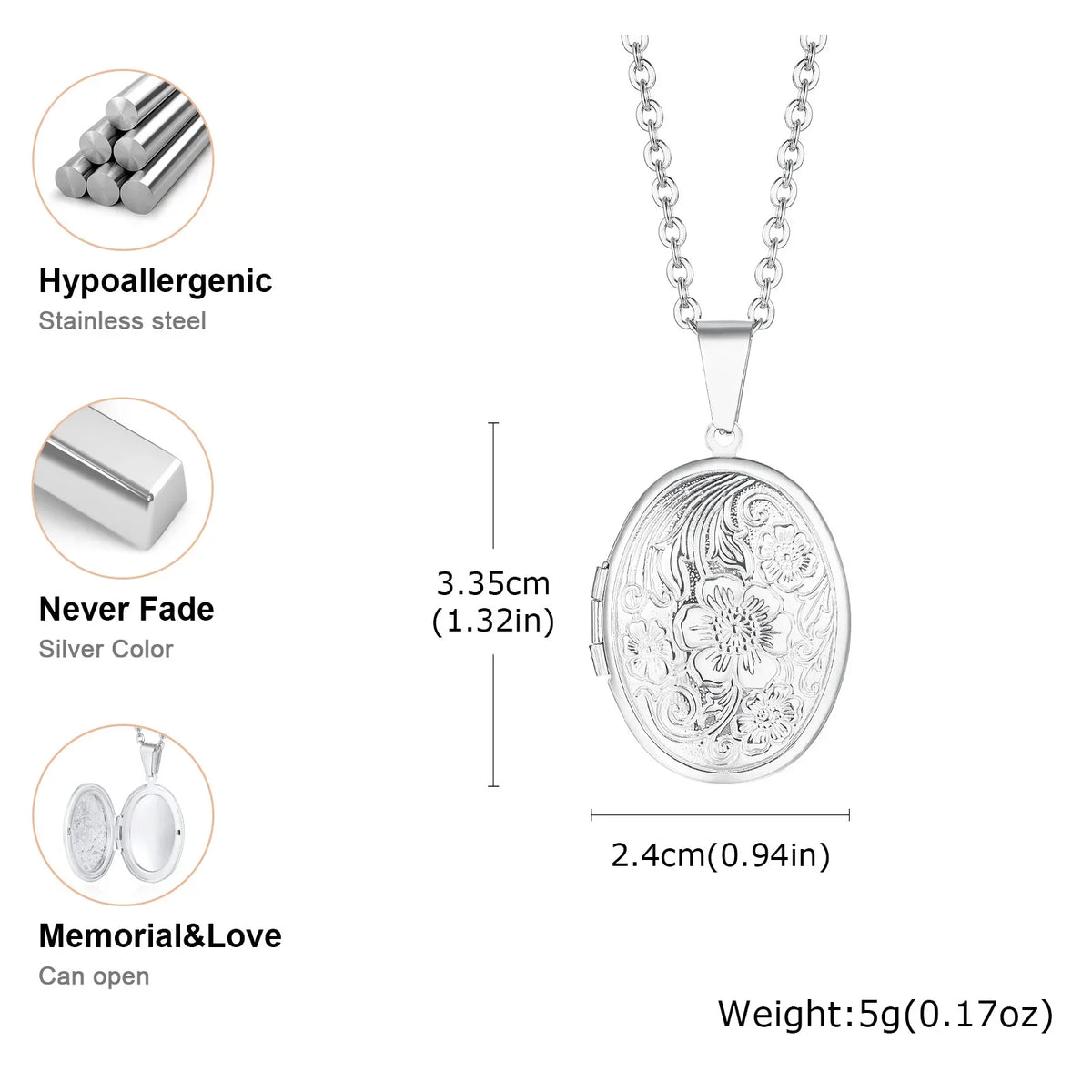 Vnox Never Fade Silver Color Stainless Steel Women Locket Pendant, Openable Heart Pendant Necklaces, Life Tree Floral Collar