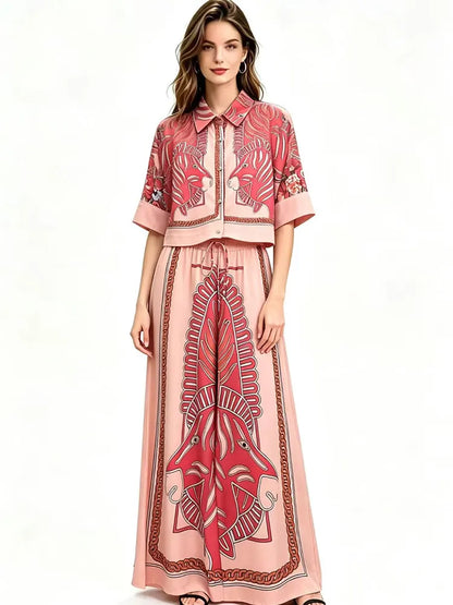 Summer New Fashion Women's Print Suit Lapel Short Sleeve Short Waist