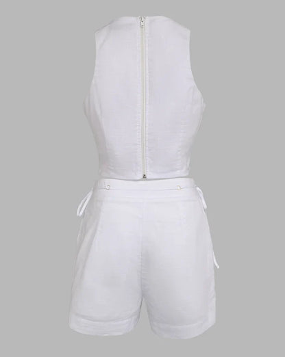 Two Piece Set Women Outfit 2025 Summer New Halter Sleeveless Hollow-Out Crop Tank & Casual Pocket Lace-Up Drastring Shorts Set