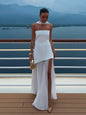 Solid Spliced Ribbon Maxi Dress Women Elegant Strapless Sleeveless Slit Long Dresses 2025 New Summer Holiday Party Lady Vestidos