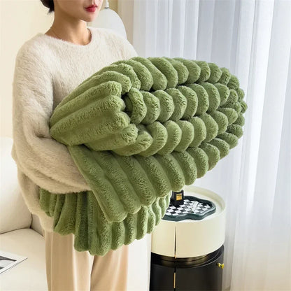 Ultra Soft Faux Rabbit Fur Throw Blanket Warm Plush Striped Blankets Conditioning Quilt Fluffy Throws for Couch Chair Sofa
