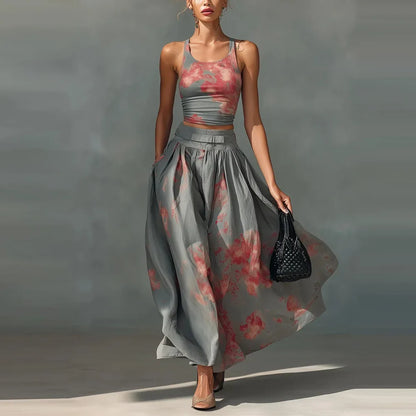 Bohemian Style Print Skirt Two Piece Set Women Sexy Cropped Top High Waist A-line Skirts 2 Piece Sets Casual Vacation Lady Suits
