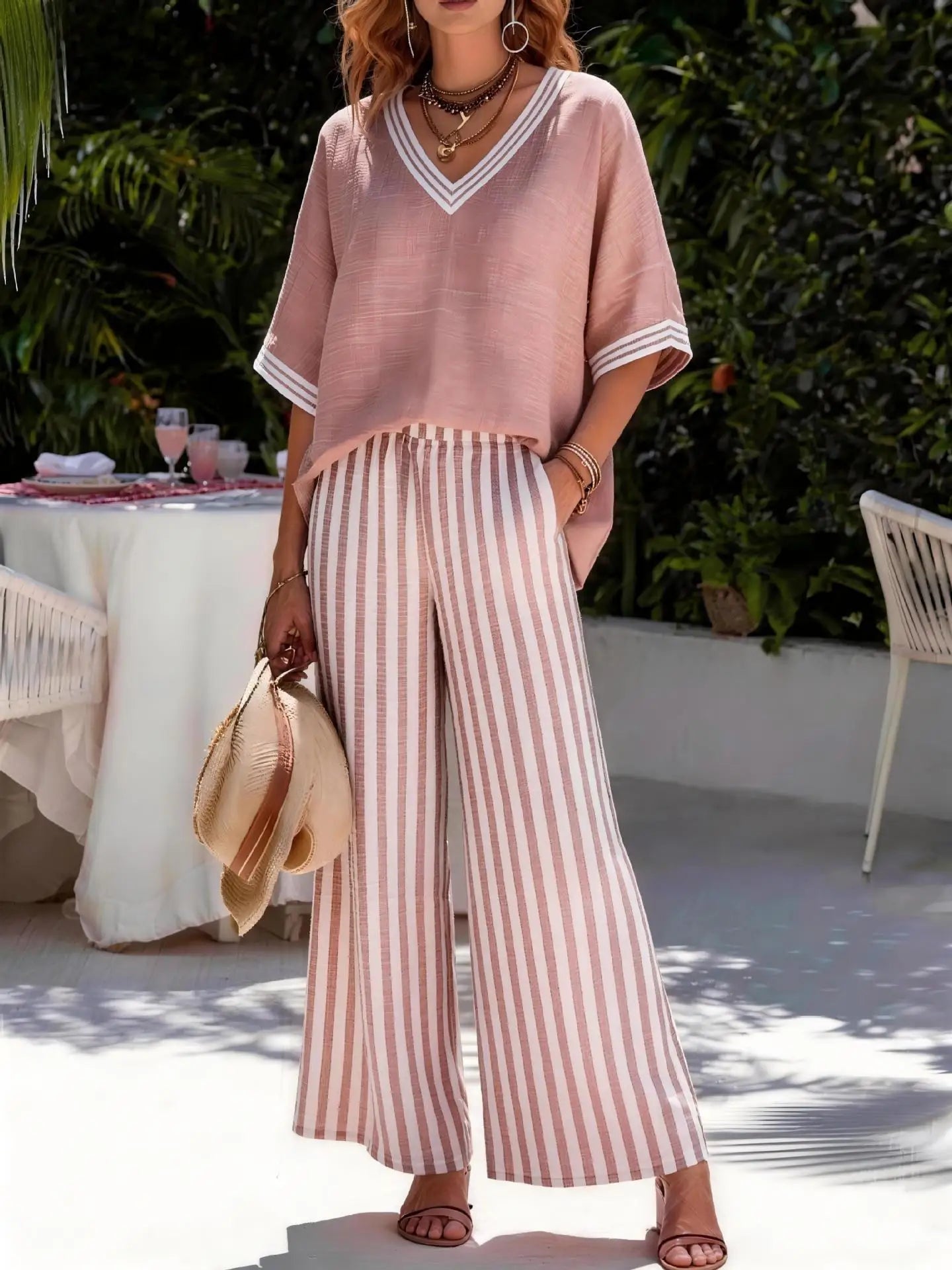 Fashion Women's Casual Striped Comfortable Loose V-Neck Cotton Hemp