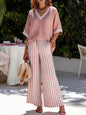 Fashion Women's Casual Striped Comfortable Loose V-Neck Cotton Hemp