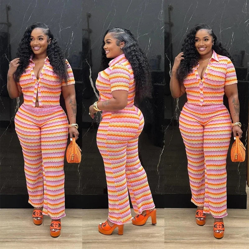 Spring Summer Women Hollow Striped Knitted 2 Pieces Set Short Sleeve