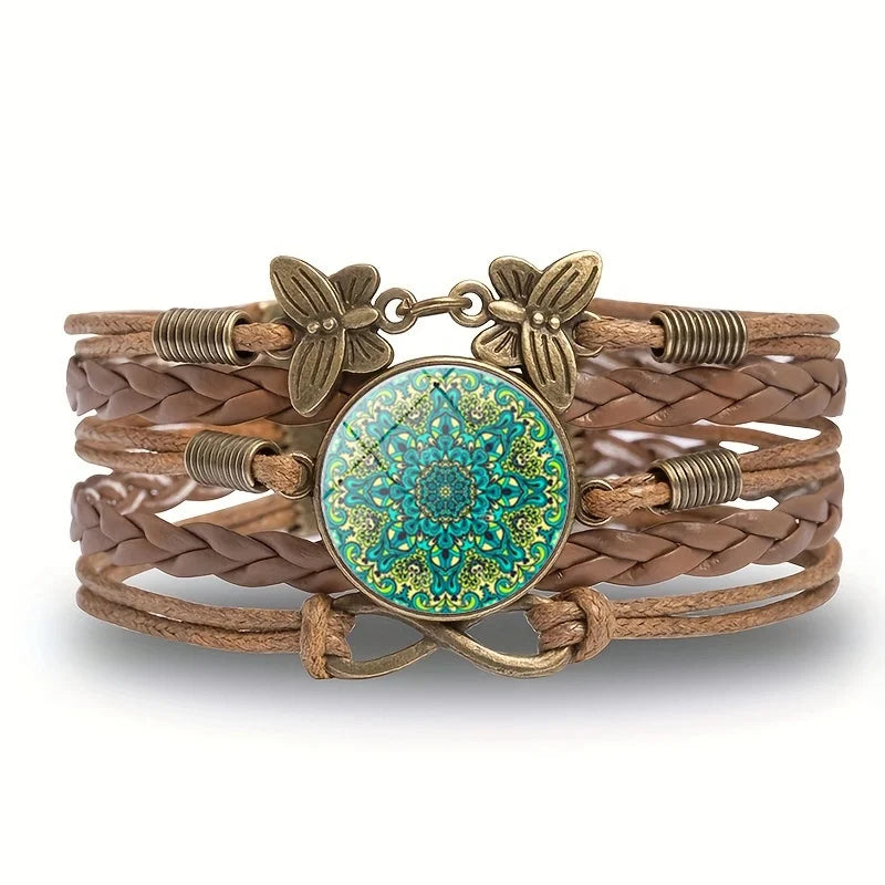 Classic Mandala Butterfly Infinity Charm Bracelet Vintage Multilayer Brown Woven Leather Bracelets For Women Men