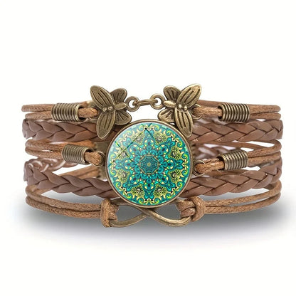 Classic Mandala Butterfly Infinity Charm Bracelet Vintage Multilayer Brown Woven Leather Bracelets For Women Men