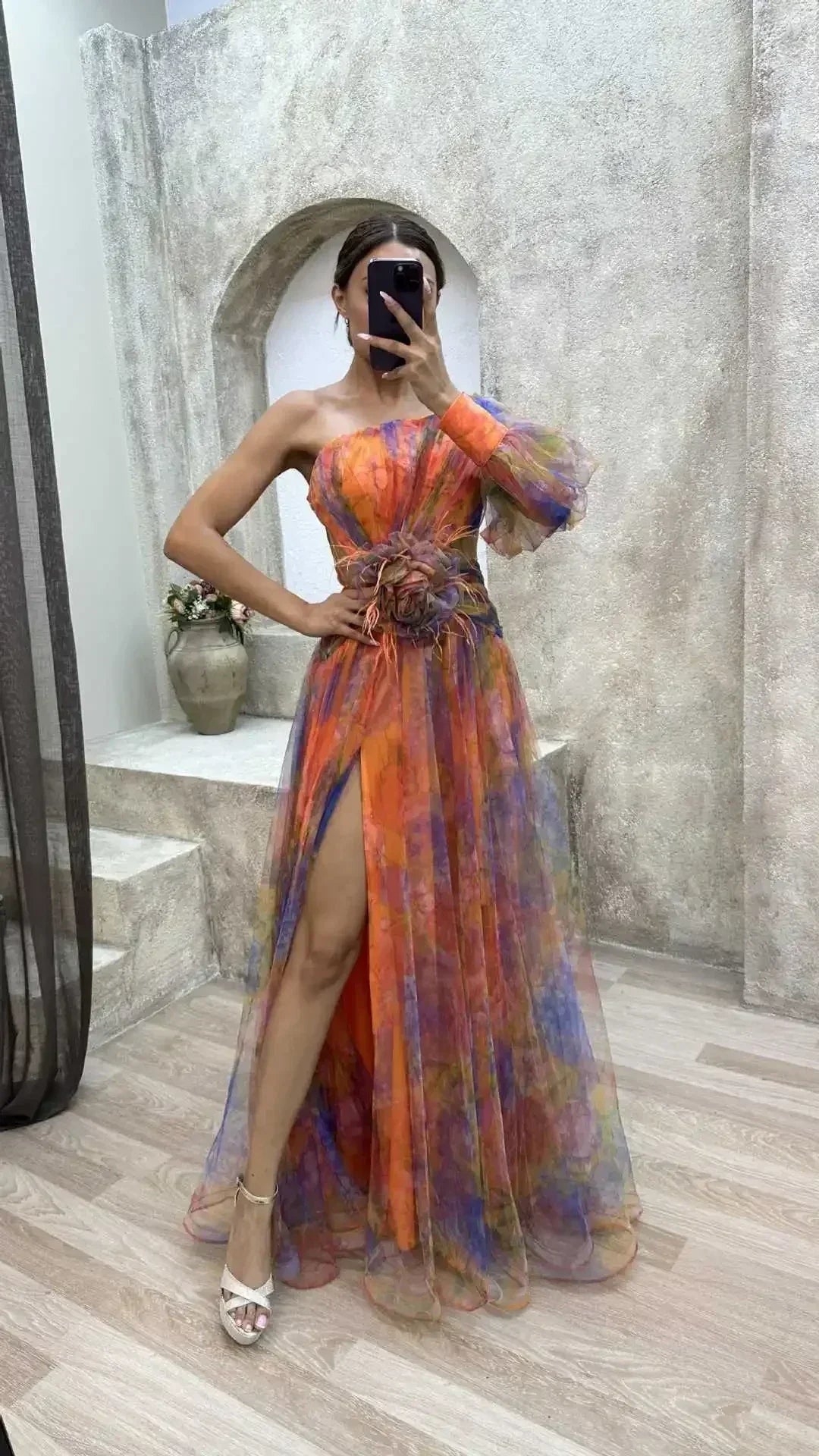 Elegant Oblique Shoulder Single-sleeve  Zipper High Slit Mesh Long Dress For Women Fashion Flower Decoration Party Dress Female