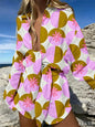 Summer Fashion Print Beach Holiday 2-Piece Set Women Long Sleeve Shirt Top+Wide Legs Short Women Oversized Two-Piece Outfit