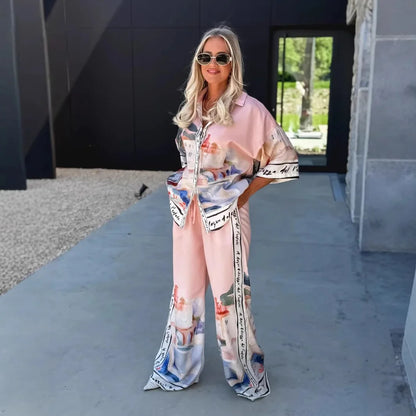 Autumn New Half-Sleeved Printed Shirt Trousers for Women 2-Piece Set