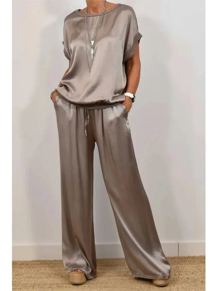2-Piece Set Fashion Satin O Neck T-Shirt Top Trousers Summer Retro