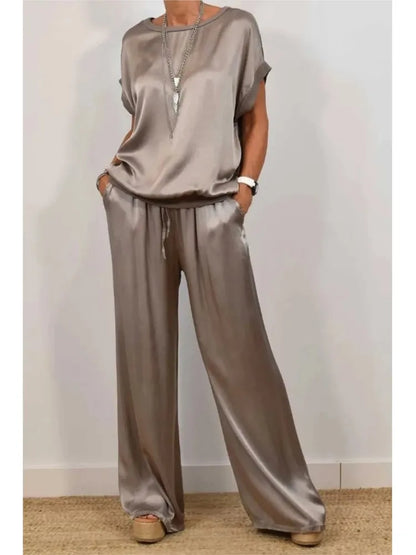2-Piece Set Fashion Satin O Neck T-Shirt Top Trousers Summer Retro