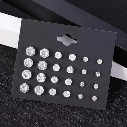 New 12 Pair Pack White Shiny Wedding Stud Earrings Set For Women Men Crystal Rhinestone Earrings Party Jewelry Accessories Gifts