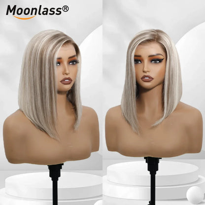 Moonlass Highlight Velvet Grey Gold Short Bob 100% Human Hair Wig 190% Density Salon Hair Color Wig 13x6 Upgrade Nude Lace Wigs