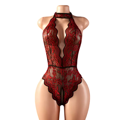 Summer Women Red Crotchless Lingerie Halter Lace Hollow Backless Bodysuit Erotic Costumes Transparent Deep V Sexy Underwear Sets