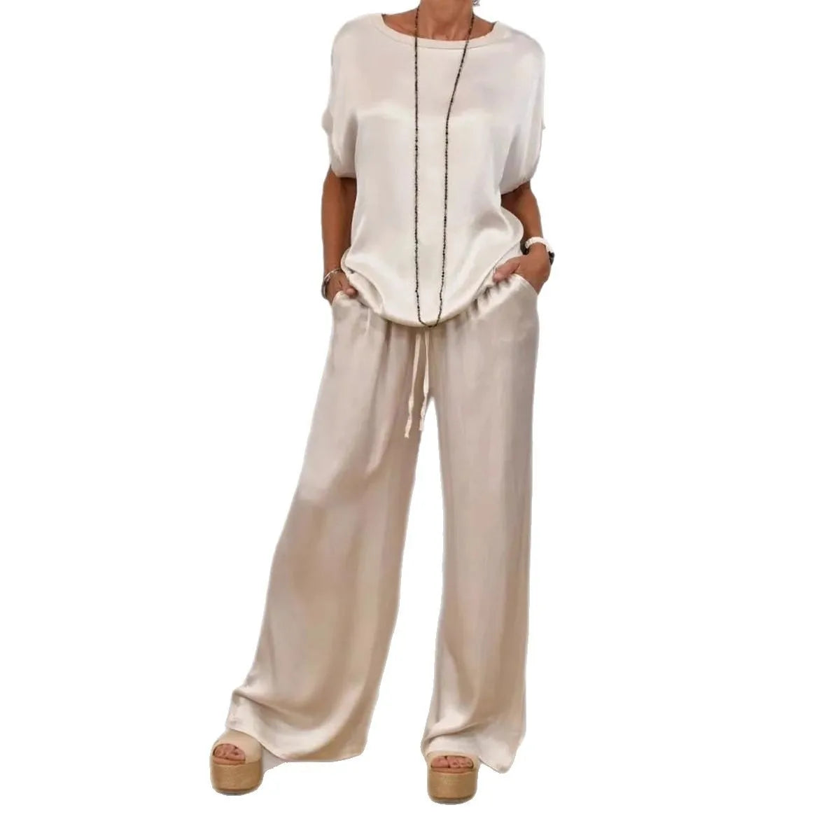 Casual Loose Satin T Shirt Pants Two Piece Sets Women Fashion O-Neck