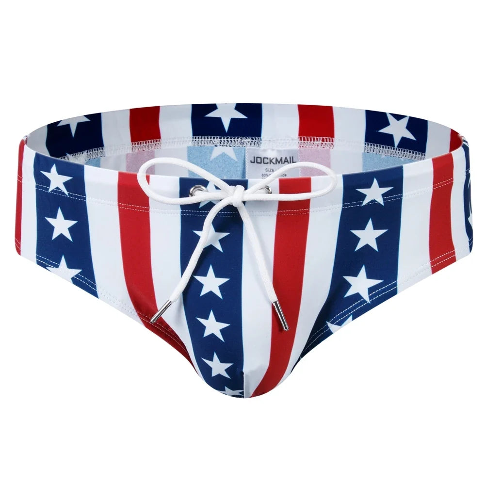 Push Up Men Swim Bikni Brief Trunks Sexy Swimwear Beach Surf Shorts Swimsuit Bathing Suit Sunga American Flag Print Pattern