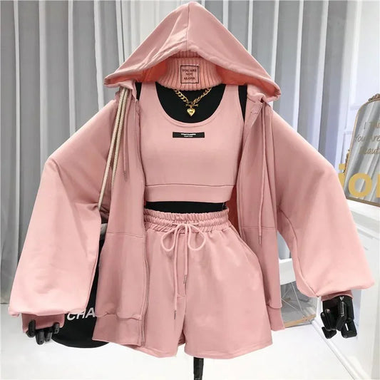 Women's Fashionable Casual Sports Windsuit Spring Autumn Collection Age-Reducing Gym Running Sweatshirt Shorts Three-Piece Set