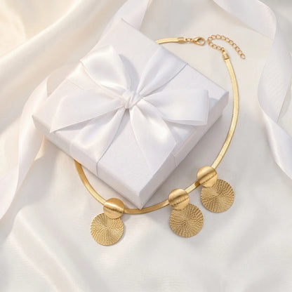 Minimalist Gold Color Herringbone Choker & Earring Set Brushed Textured Double Disc Jewelry Set For Women Daily Office Wear