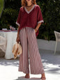 Two Pieces Women Pant Sets Striped Matching Set Short Sleeves V Neck Top Elastic Waist Wide Leg Pants Loose Casual 2026 Summer