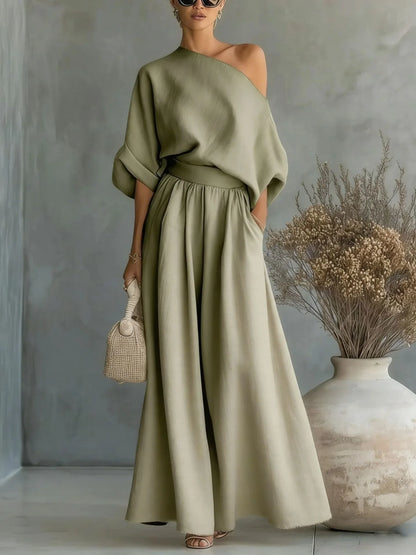 Elegant Two-Piece Short Sleeve Top & Casual Pants Set Woman Sexy Slash