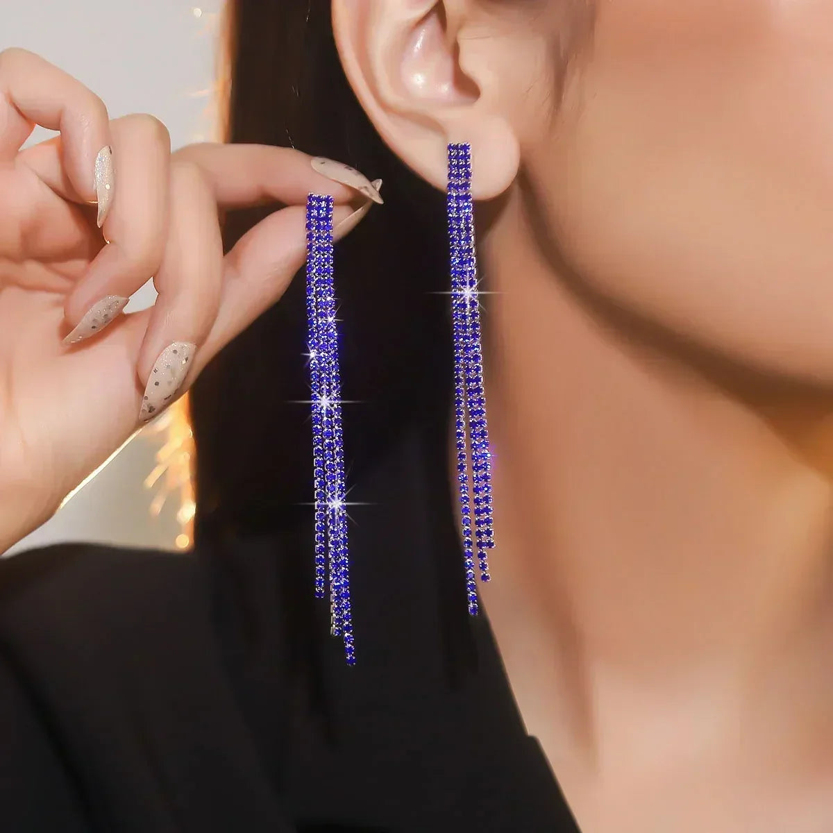 TREAZY Shiny 4 Lines  Rhinestone Crystal Tassel Long Earrings for Women Wedding Party Hanging Dangle Earrings Bridal Brincos