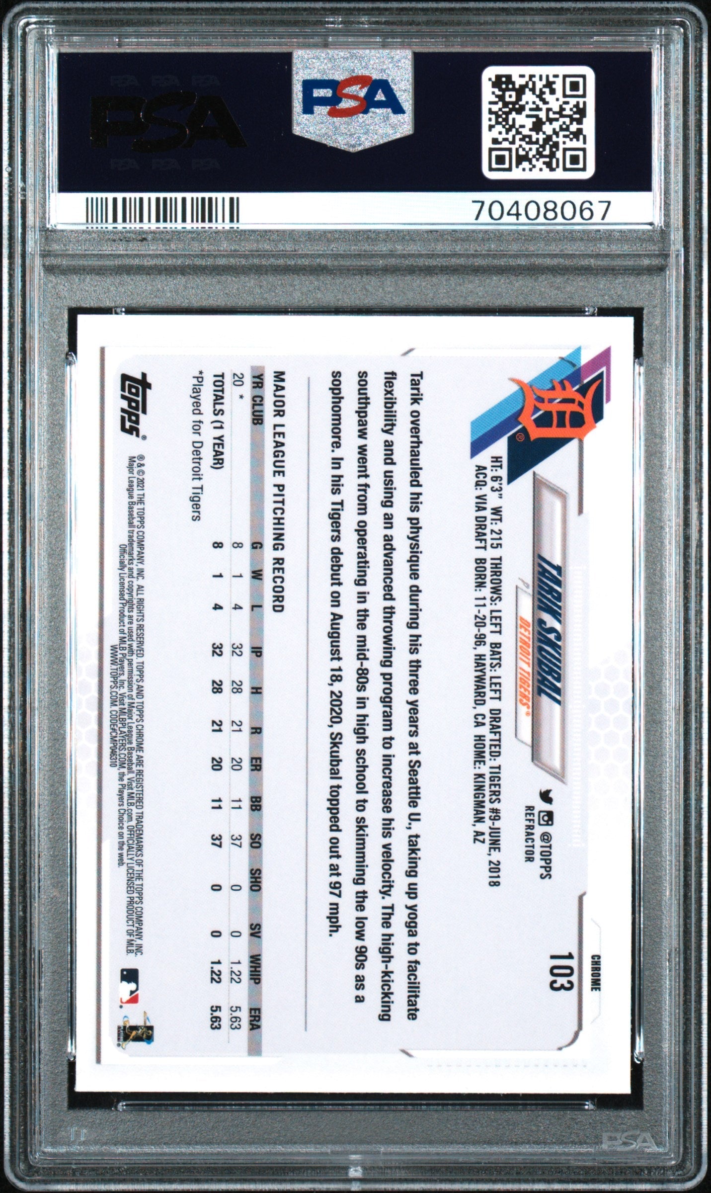 Graded 2021 Topps Chrome Tarik Skubal #103 Refractor Rookie RC Baseball Card PSA 10 Gem Mint