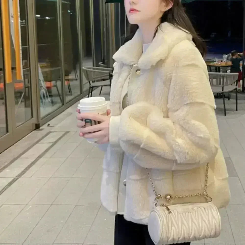 White Faux Fur Jacket – Vegan Leather Trimmed Cuffs | S-XXL