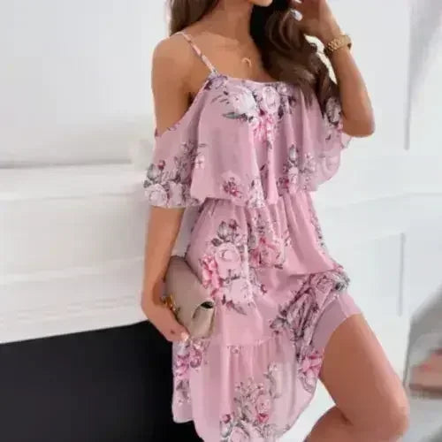 Cold Shoulder Chiffon Beach Dress - Flowy Ruffle Summer Dress