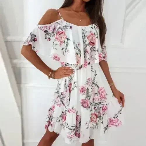 Cold Shoulder Chiffon Beach Dress - Flowy Ruffle Summer Dress