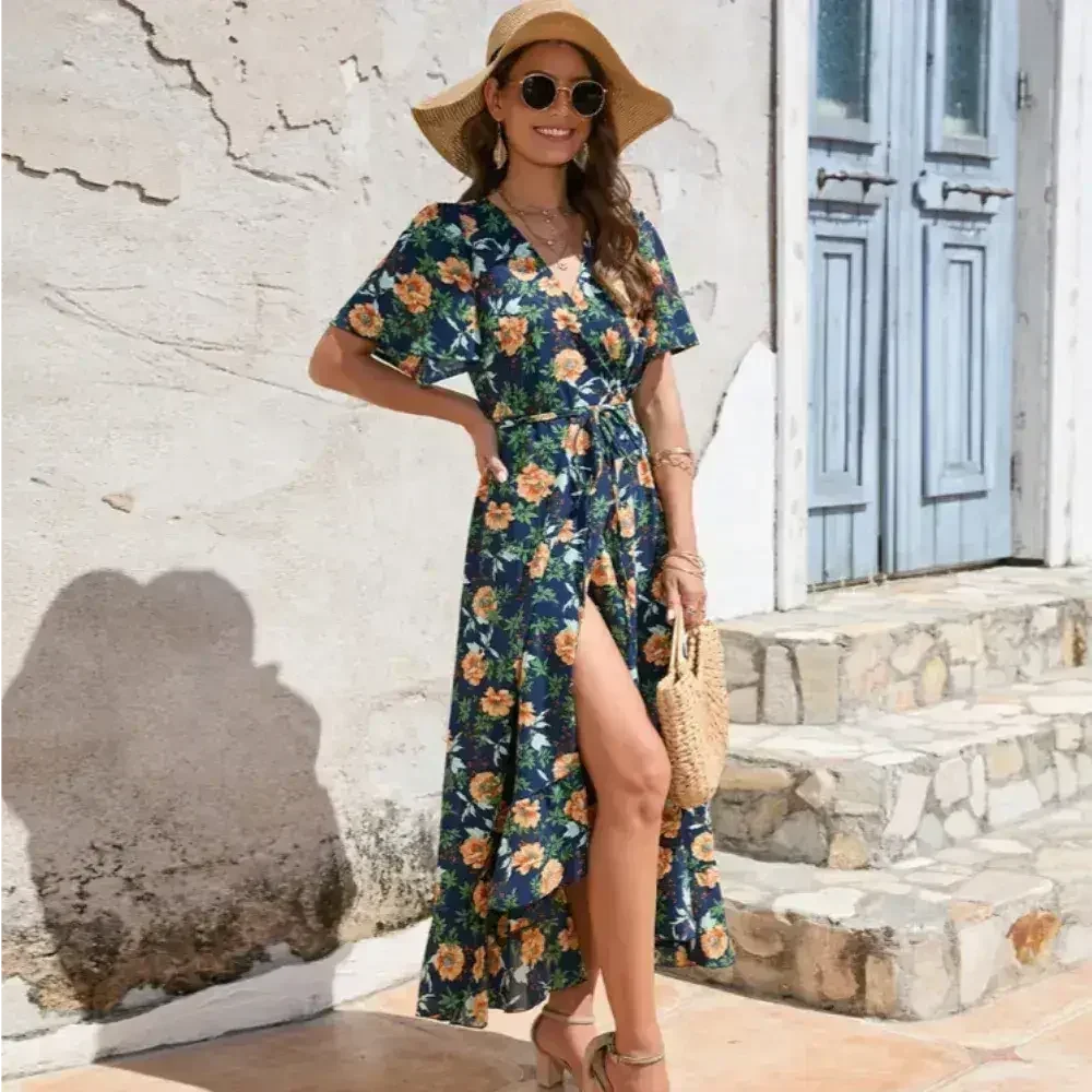 Women’s Floral Wrap Dress – Ruffled Summer Dress in Navy