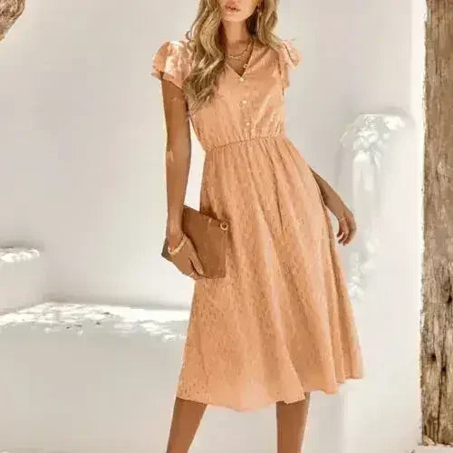 Women V Neck Ruffle Sleeve Summer Dress - Femstylo