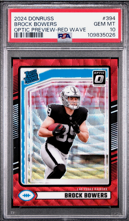 Graded 2024 Panini Donruss Brock Bowers #394 Optic Preview Red Wave Rookie RC Football Card PSA 10 Gem Mint