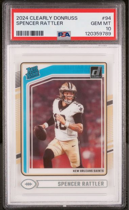 Graded 2024 Panini Clearly Donruss Spencer Rattler #94 Rookie RC Football Card PSA 10 Gem Mint