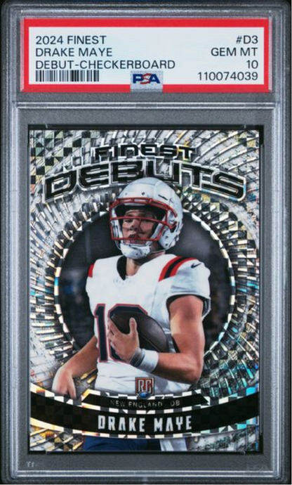 Graded 2024 Topps Finest Drake Maye #D3 Debut Checkerboard Rookie RC Football Card PSA 10 Gem Mint
