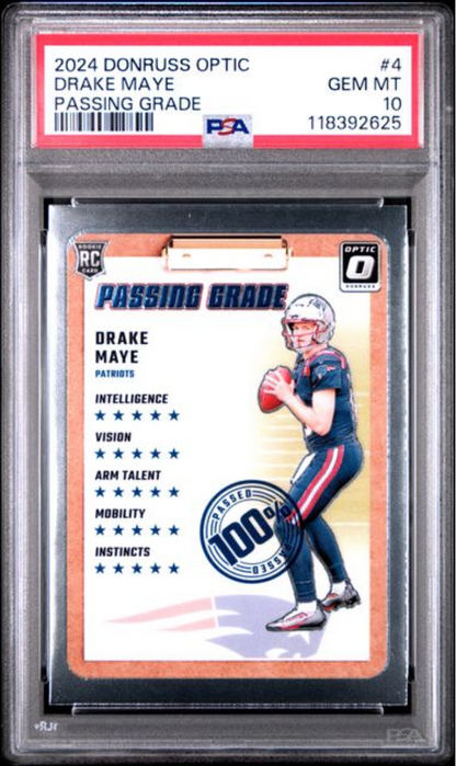 Graded 2024 Panini Donruss Optic Drake Maye #4 Passing Grade Rookie RC Football Card PSA 10 Gem Mint