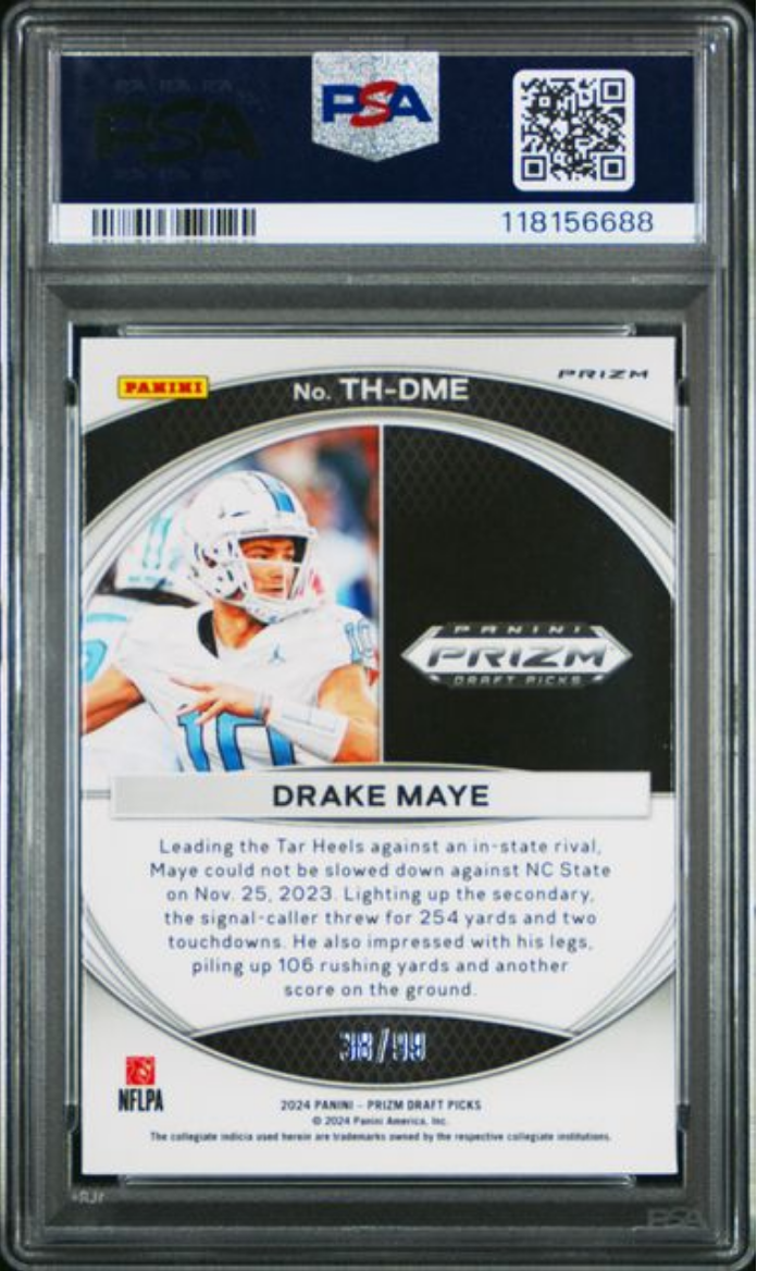 Graded 2024 Panini Prizm Draft Picks Drake Maye #THDME Trophy Hunting Blue Ice /99 Rookie RC Football Card PSA 10 Gem Mint