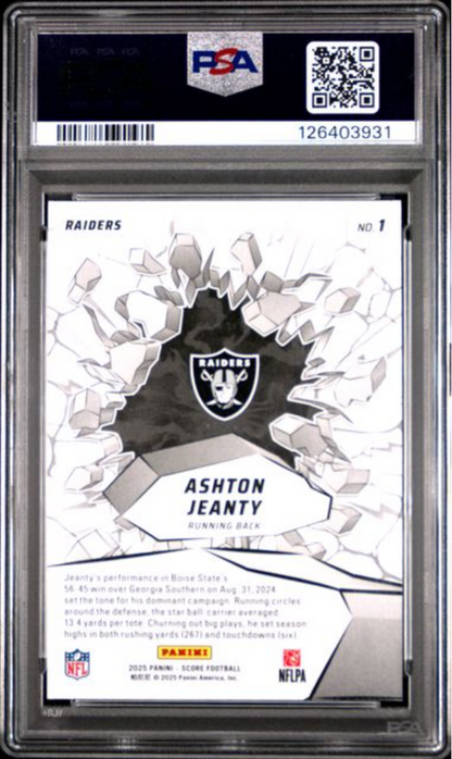 Graded 2025 Panini Score Ashton Jeanty #1 Emerged Rookie RC Football Card PSA 10 Gem Mint