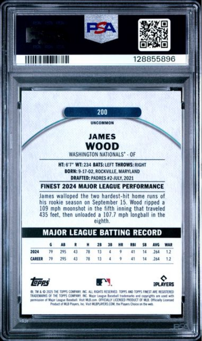 Graded 2025 Topps Finest James Wood #200 Magenta Refractor /300 Rookie RC Baseball Card PSA 10 Gem Mint