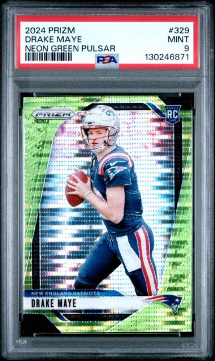 Graded 2024 Panini Prizm Drake Maye #329 Neon Green Pulsar Rookie RC Football Card PSA 9 Mint