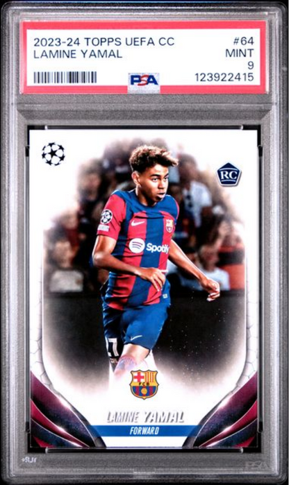 Graded 2023 Topps UEFA CC Lamine Yamal #64 Rookie RC Soccer Card PSA 9 Mint